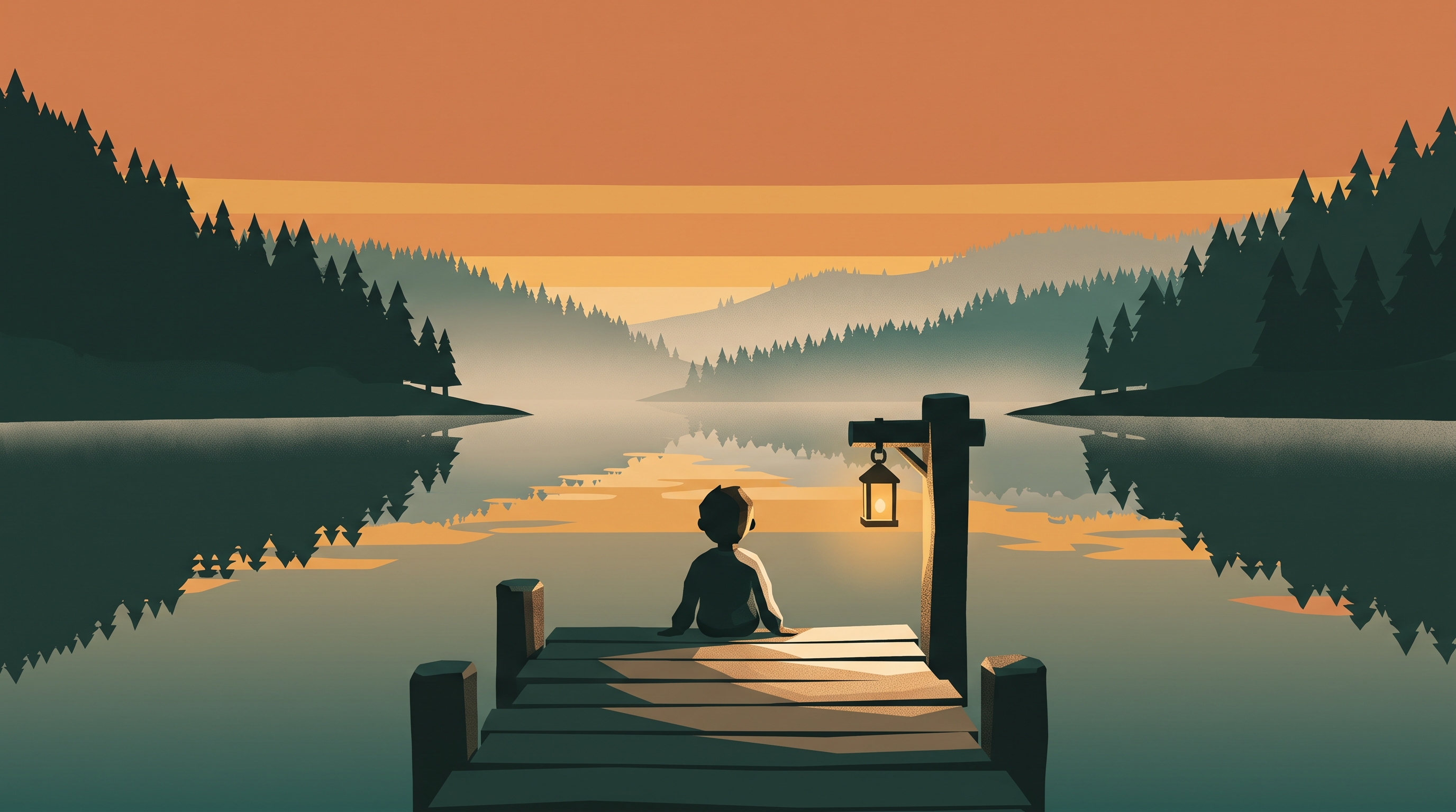 A lone figure sitting at the end of a lakeside dock at dusk, beside a lit lantern