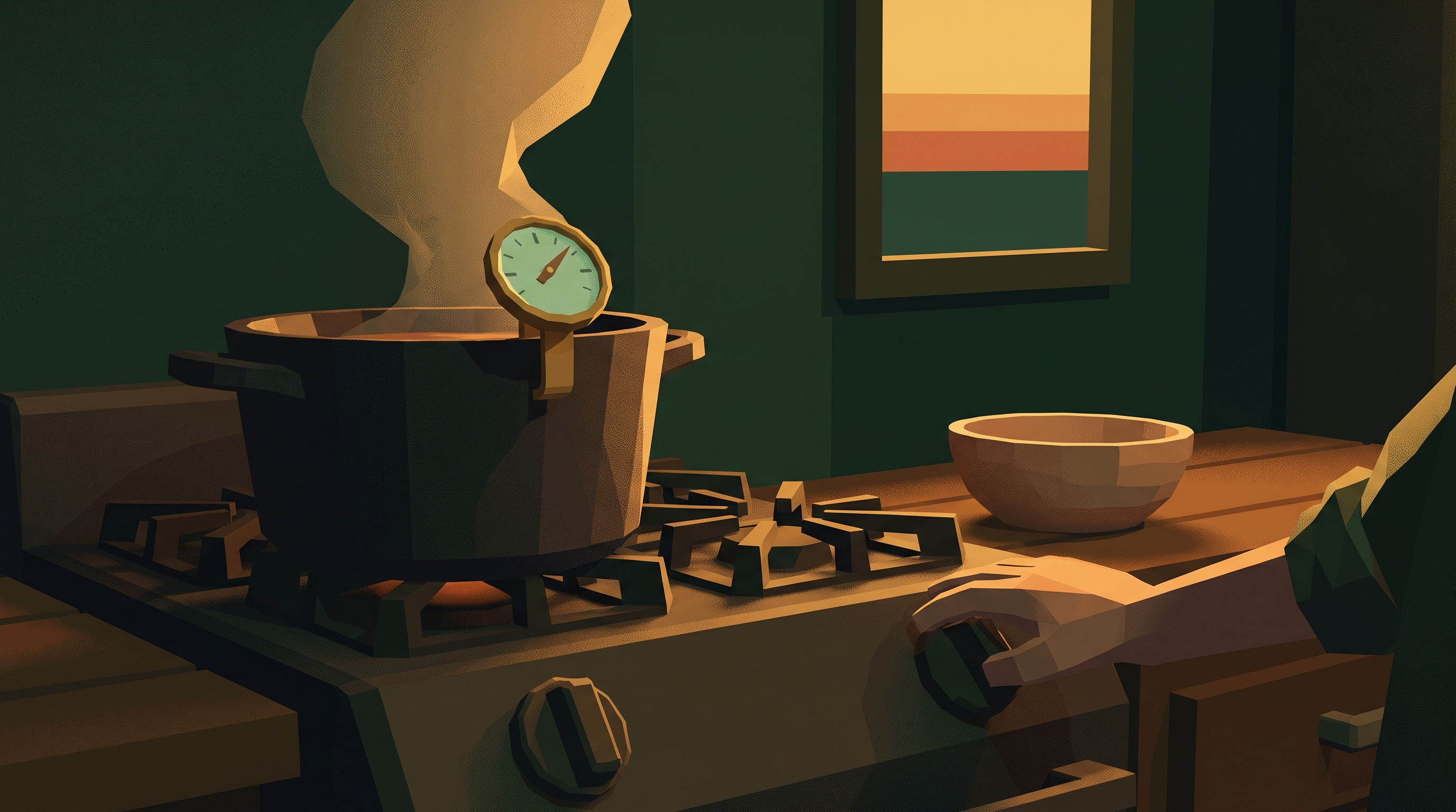 An empty bowl and a thermometer beside a stove, with a hand adjusting the burner