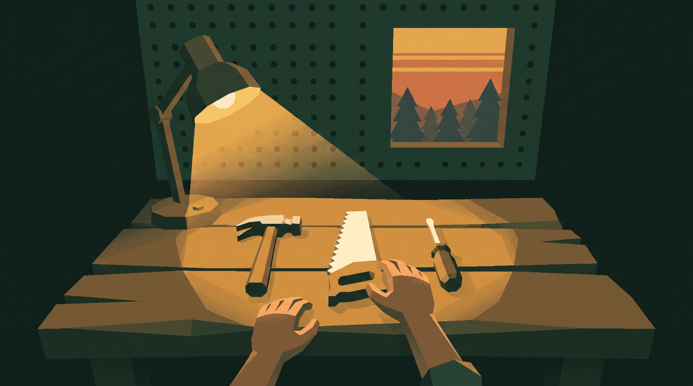 A hammer, a saw, and a chisel laid out on a workbench, with two hands reaching for the saw