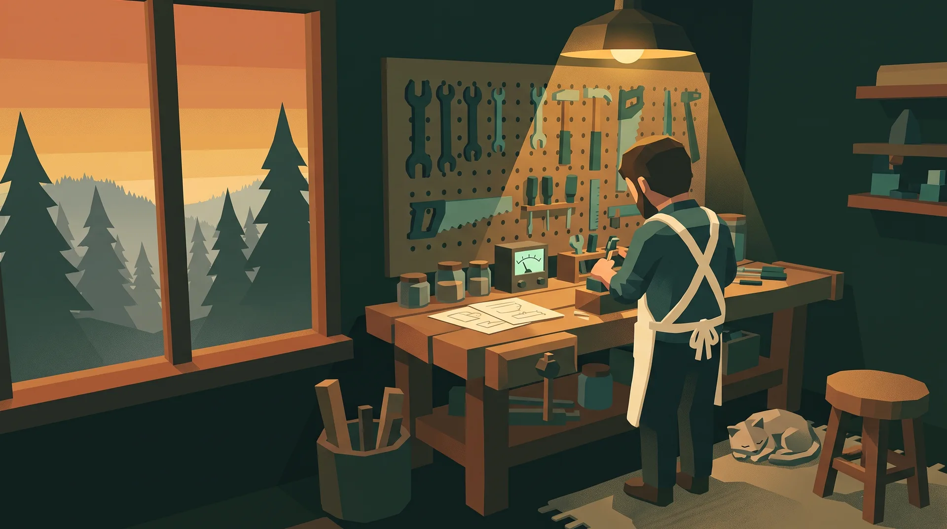 Illustration of a craftsman workshop at dusk representing practical enterprise AI adoption