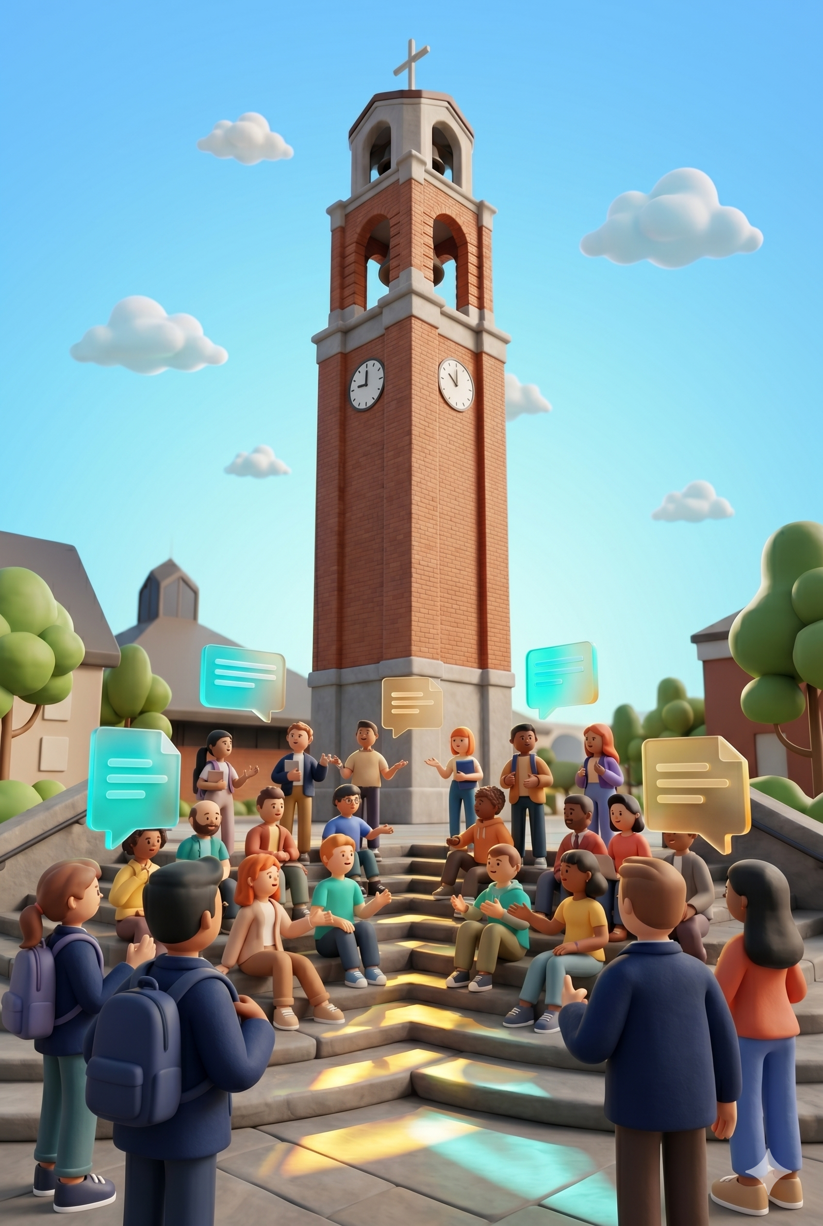Educators in conversation on the steps beneath the University of Portland bell tower