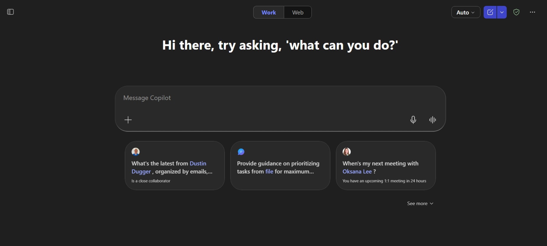 M365 Copilot Chat home page showing the main interface with Message Copilot input field and suggestion cards