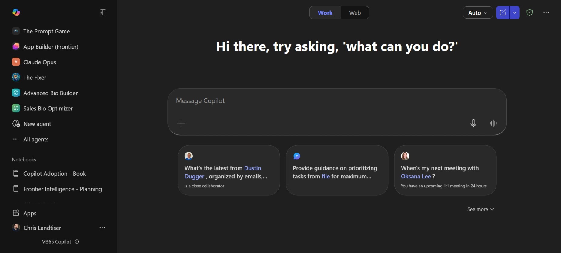 M365 Copilot interface with expanded sidebar showing New agent option among other agents and notebooks