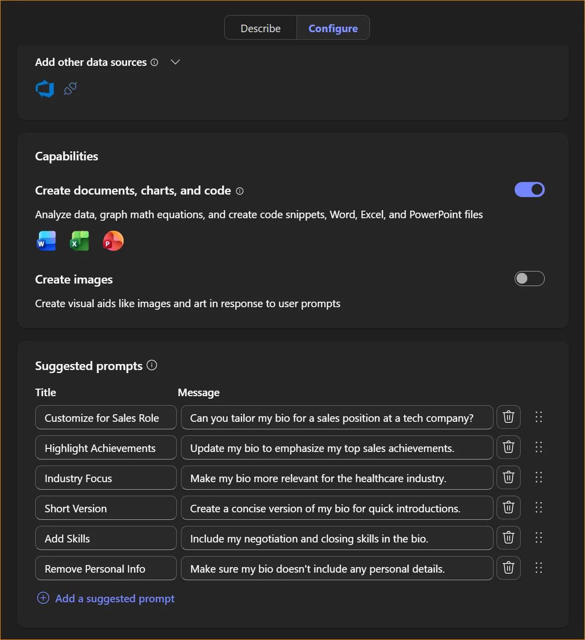 Configure tab showing Capabilities section with Create documents, charts, and code toggle enabled, and Suggested prompts section with example prompts like Customize for Sales Role and Industry Focus