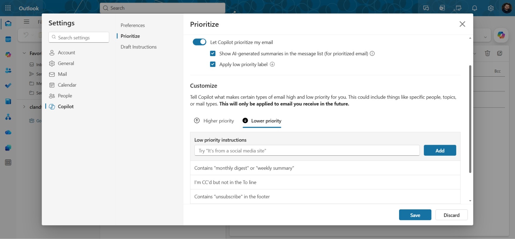 Low priority instructions panel with several example rules entered