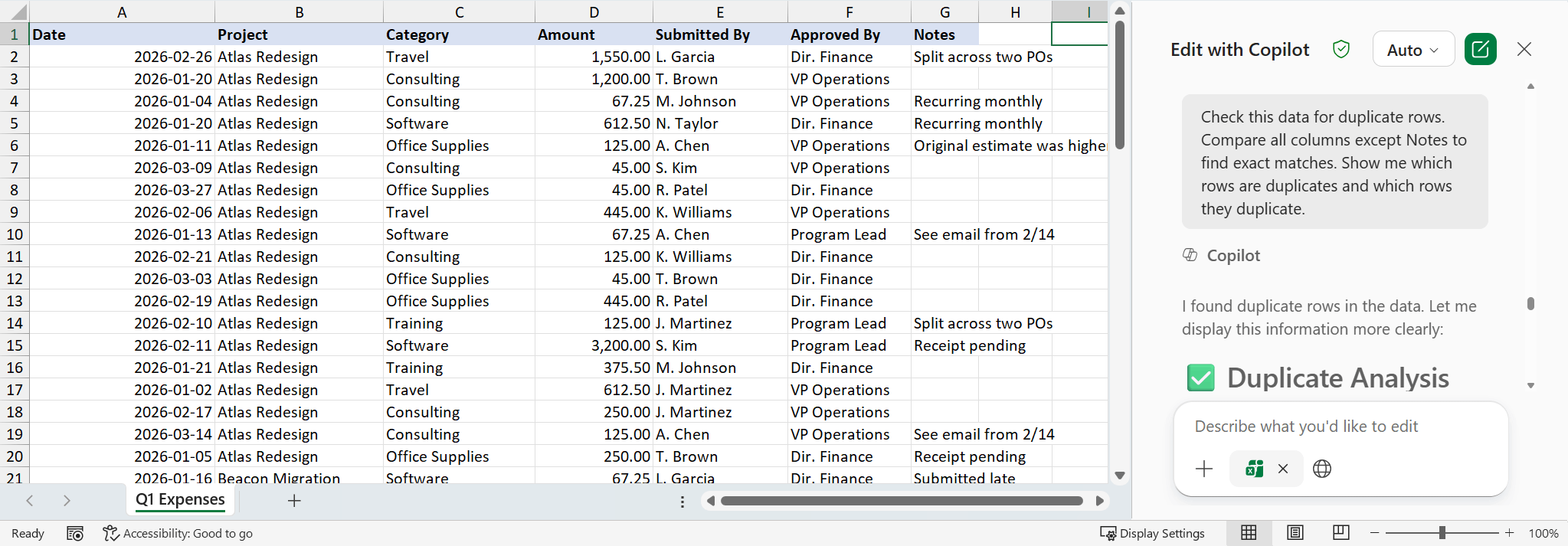 Excel spreadsheet with the Copilot panel showing a Duplicate Analysis with a green checkmark. Copilot confirms it found duplicate rows in the data and will display the information. The spreadsheet in the background shows clean headers and standardized values across all columns.
